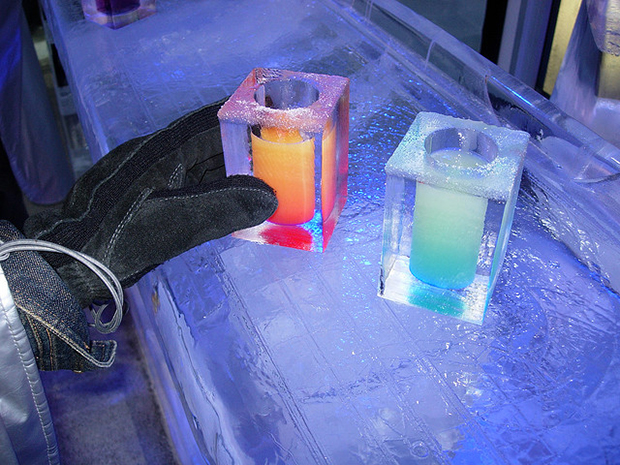Ice bars tend to serve their colourful drinks in—you guessed it—ice cold shot glasses. Ice bars tend to serve their colourful drinks in—you guessed it—ice cold shot glasses.