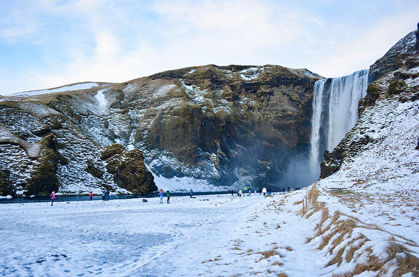 snow and waterfall